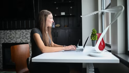 A professional working at a desk with a laptop by a window